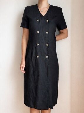 Simons Vintage Contemoraine Black Midi 100% Linen Dress Size 12 Double Buttons